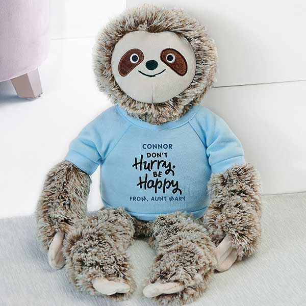 Don't Hurry, Be Happy Personalized Plush Sloth Stuffed Animal - Blue
