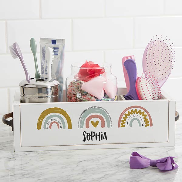 Boho Rainbow Personalized Wood Bathroom Storage Box - 30952