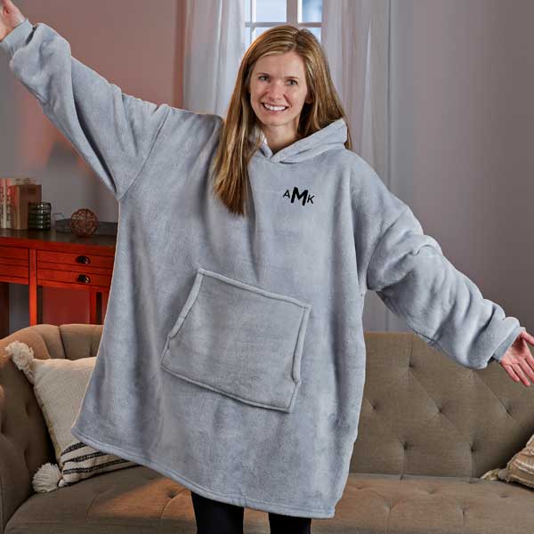 Personalized Grey Oversized Huggie Hoodie Blanket - Classic Comfort