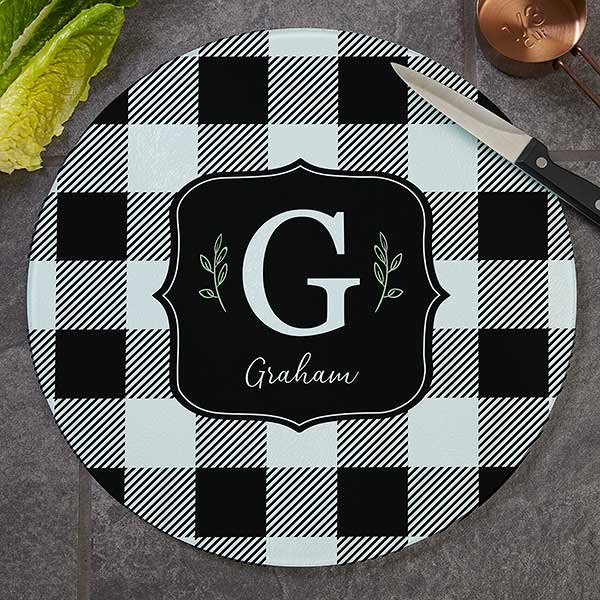 Black & White Buffalo Check Personalized Round Glass Cutting Boards - 31290