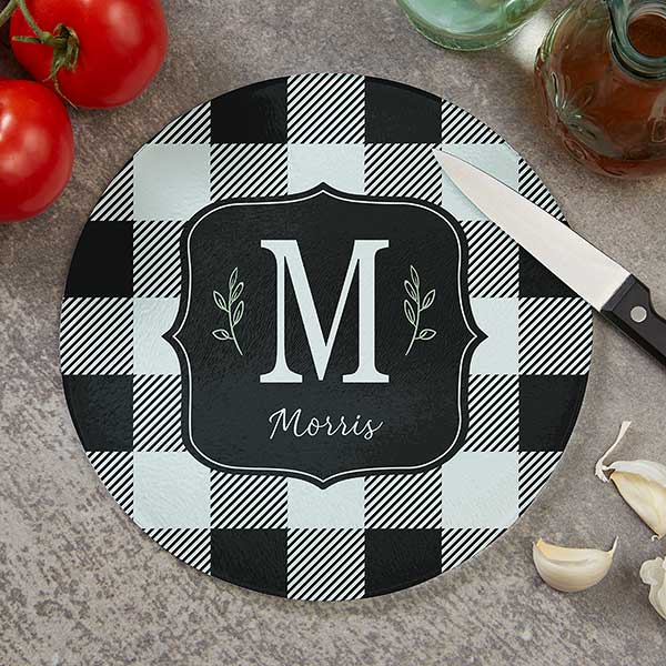 Black & White Buffalo Check Personalized Round Glass Cutting Boards - 31290