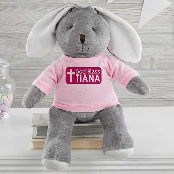 God Bless Personalized White and Grey Plush Bunny  - 31647