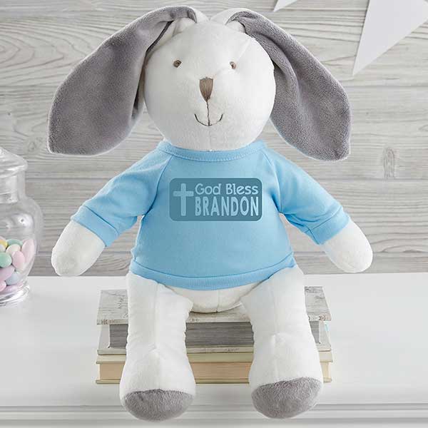 God Bless Personalized White and Grey Plush Bunny  - 31647