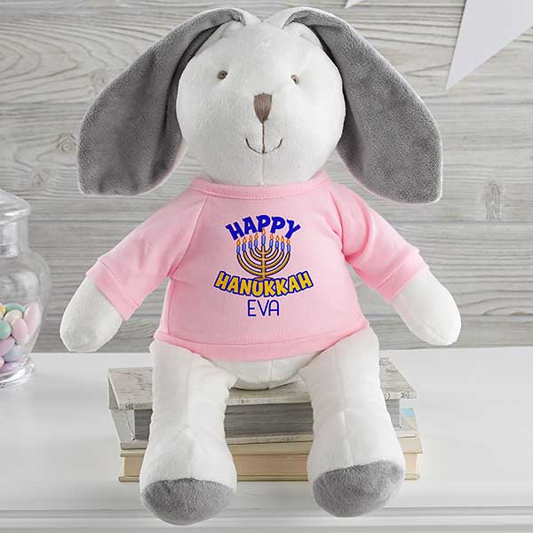 Happy Hanukkah Personalized White and Grey Plush Bunny - 31678