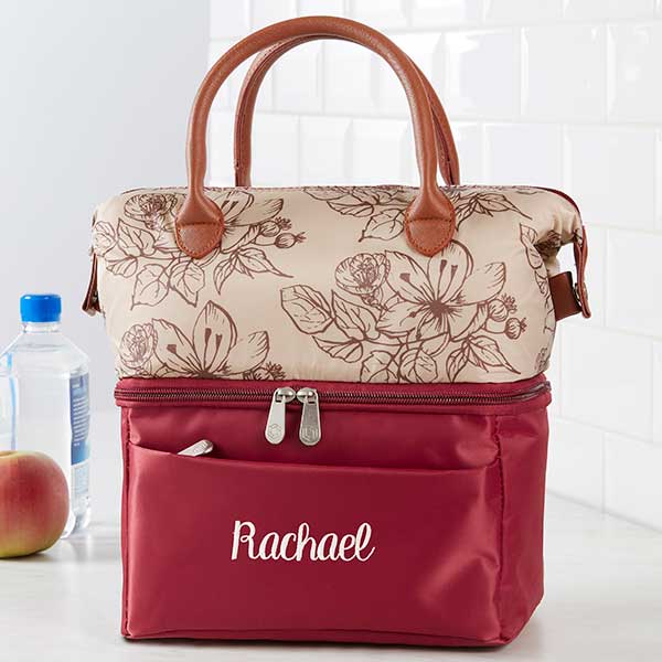 Burgundy Floral Embroidered Personalized Lunch Bag