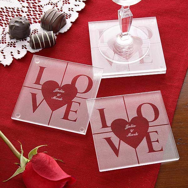 Etched Glass Coaster Set - Heart and Love Design - 3203