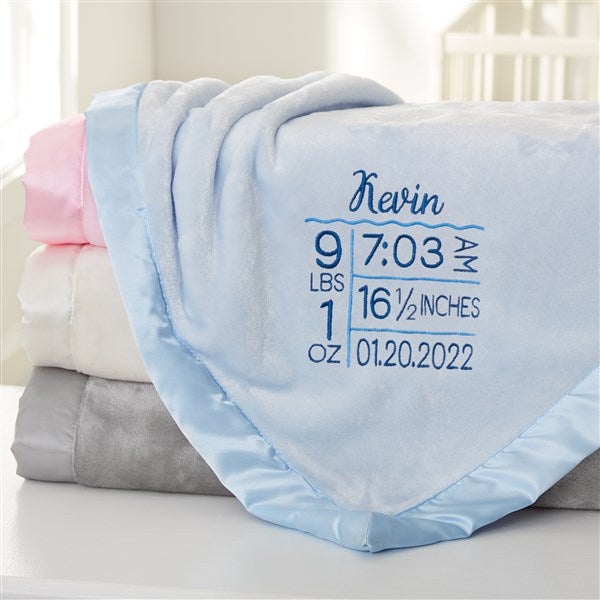 Birth Info Embroidered Satin Trim Baby Blanket - 32077