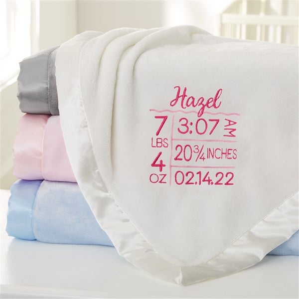 Birth Info Embroidered Satin Trim Baby Blanket - 32077