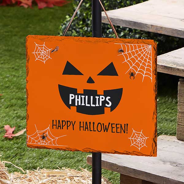 Jack-o'-Lantern Faces Personalized Halloween Outdoor Slate Sign - 32216