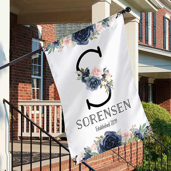 Navy Colorful Floral Personalized House Flags - 32359