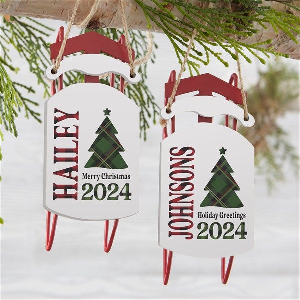 Plaid & Print Family Name Personalized Vintage Sled Ornament - 32641