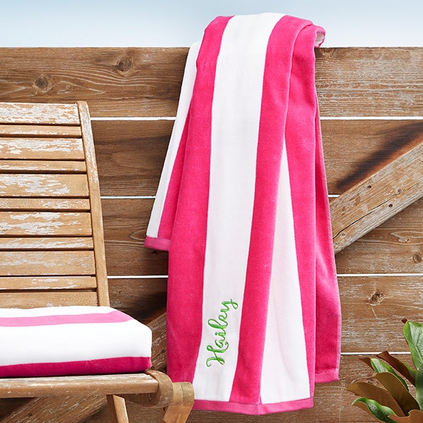 Personalized Embroidered Shocking Pink Striped Cabana Beach Towel and Bow Set 