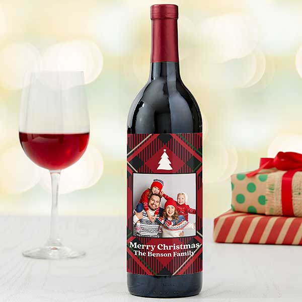 Plaid & Print Personalized Christmas Photo Wine Bottle Label - 32791
