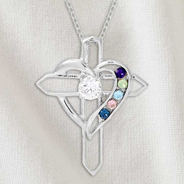 Heart & Cross Personalized Birthstone Necklaces - 32818D