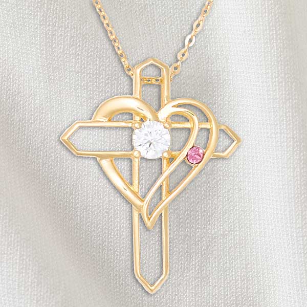 Heart & Cross Personalized Gold 1 Birthstone Necklace
