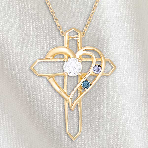 Heart & Cross Personalized Birthstone Necklaces - 32818D