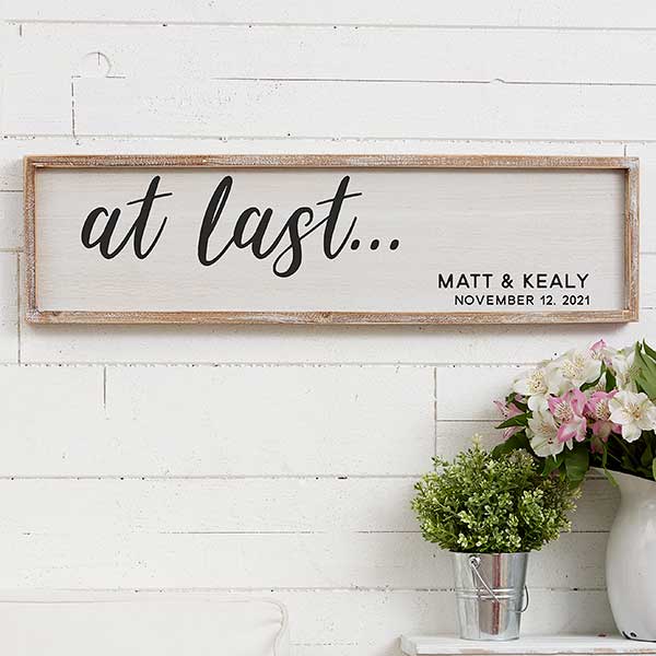 At Last Wedding Sign Personalized Barnwood Frame Wall Art