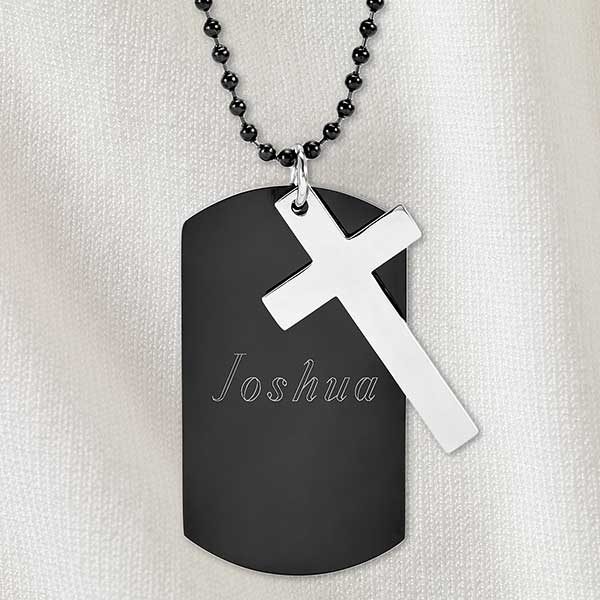 Personalized Black Stainless Steel Dog Tag & Cross Chain Necklace - 32890D
