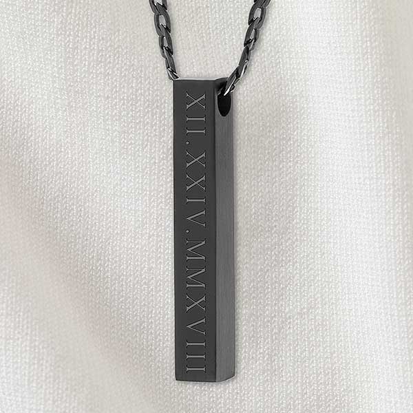 Roman Numeral Engraved Vertical Square Pendant Necklace Black Stainless Steel