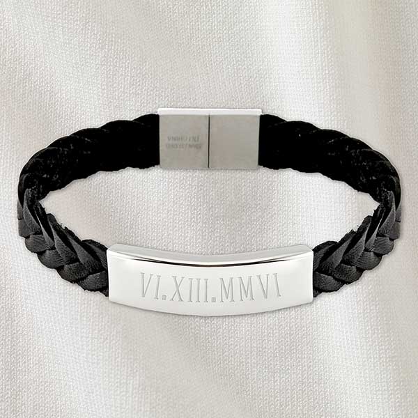 Roman Numeral Personalized Men's Braided Leather Bracelet - 32893D