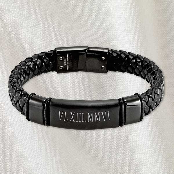 Personalized Name Bracelet for Men Black Layered Leather 