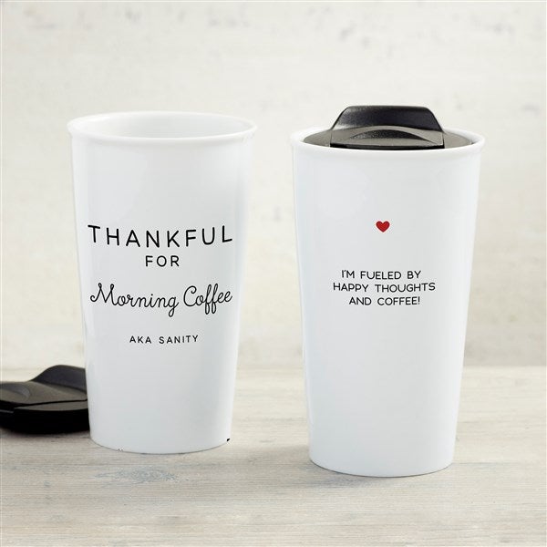 Thankful For Personalized Double-Walled Ceramic Travel Mug - 33187