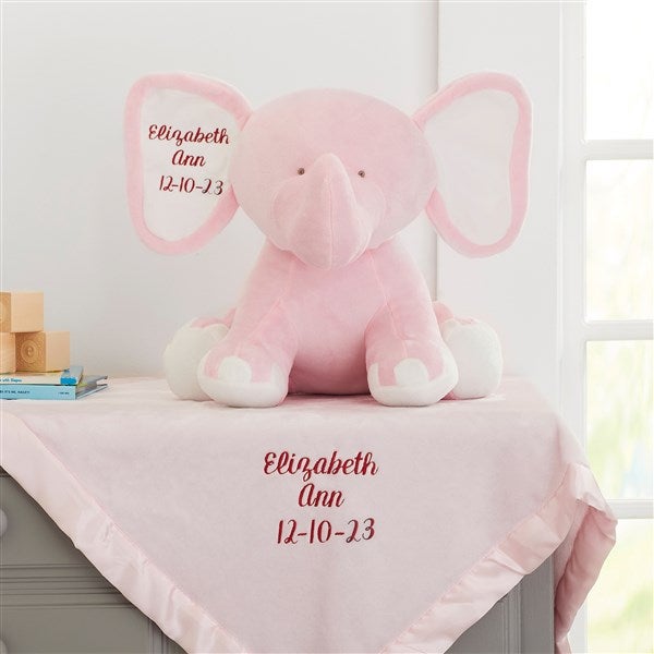 Embroidered Pink Satin Trim Baby Blanket & Jumbo Plush Elephant Set