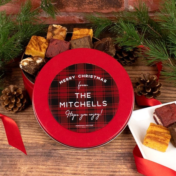 Holiday Plaid Personalized Brownies in Red Metal Tin - 33310D