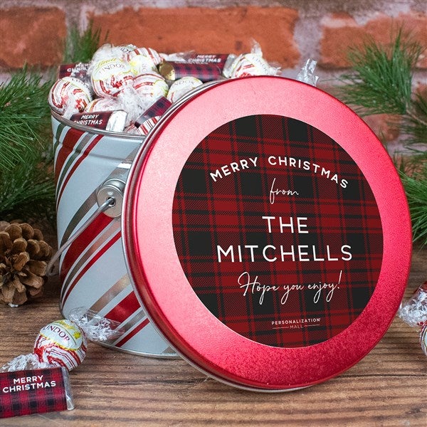 Holiday Plaid Personalized Hershey & Lindt Chocolate Tin - 33311D