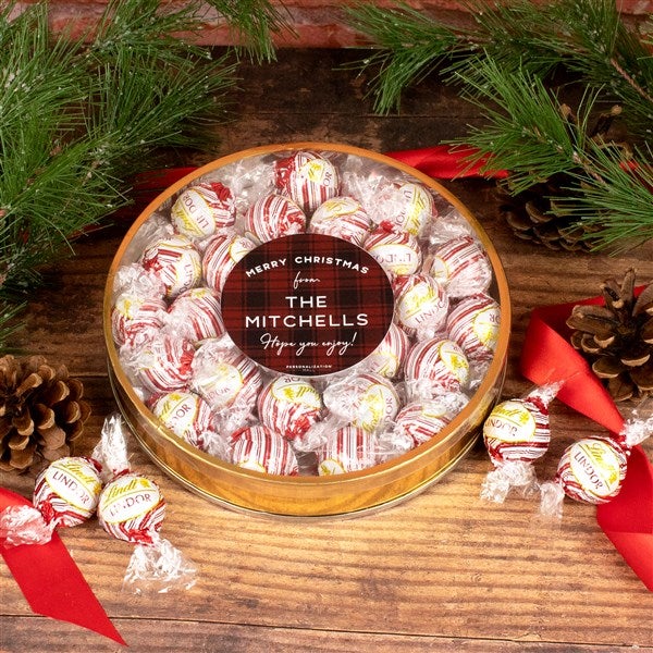 Holiday Plaid Personalized Lindt Peppermint Truffles Tin - 33313D