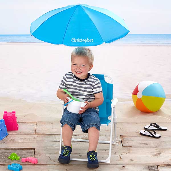 Personalized with Child Name with Umbrella Blue Beach Camping Kids Folding Chair Blue 