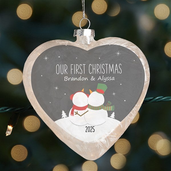Snow Couple Personalized Lightable Glass Heart Ornament - 33867