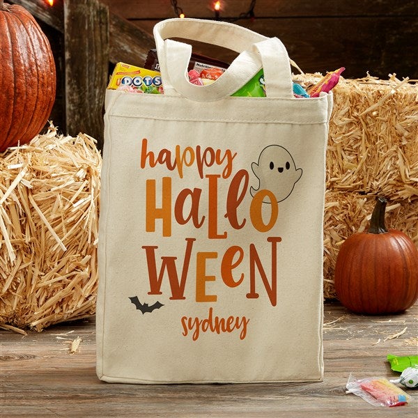 Personalized Halloween Tote Bags w/Name or Text - 6 Design Font 15*16inch  Customized Pumpkin Witch Black Cat Castle Skeleton Ghost Canvas Totes Bag