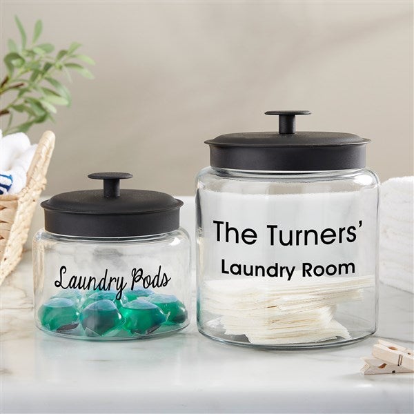 Laundry Room Personalized 48 oz Glass Jar with Black Lid