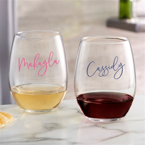 Personalized Etched Wine Glass with Designer Script Name | Glass or Crystal  | 16 oz or 19 oz 