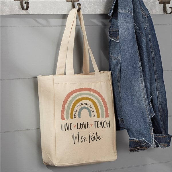 Custom Teacher Tote Bag, Customizable Name, Boho Rainbow Art