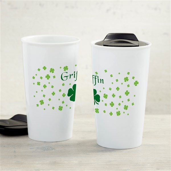 Irish Clover Personalized Double-Wall Ceramic Travel Mug  - 34973