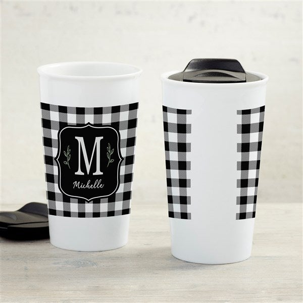 Black & White Buffalo Check Personalized Ceramic Travel Mug  - 34986