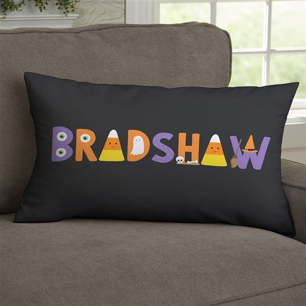 Candy Corn Family Personalized Halloween Lumbar Velvet Throw Pillow