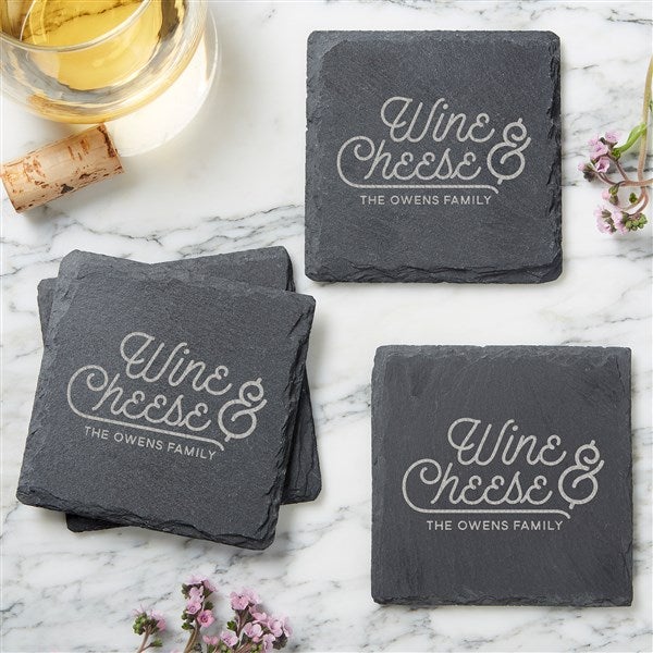 Engraved Slate Coaster Set - Wine & Cheese - 36536