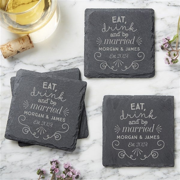Engraved Slate Coaster Set - Eat, Drink & Be Married - 36537