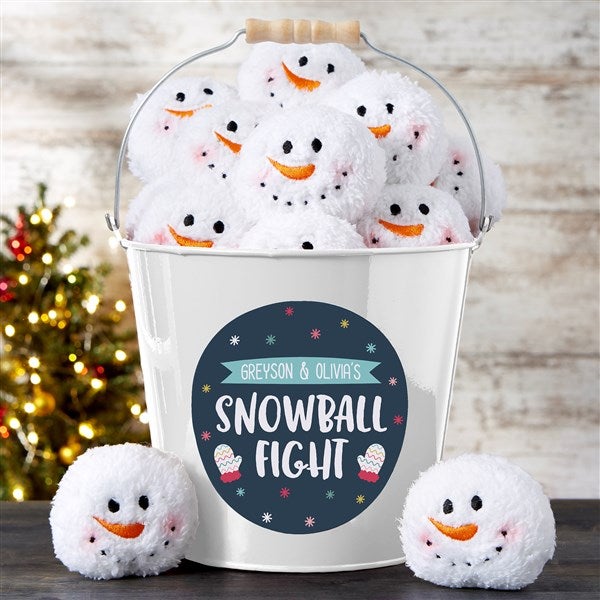 Personalized Metal Bucket - Warm Winter Wishes Snowball Fight - 36801