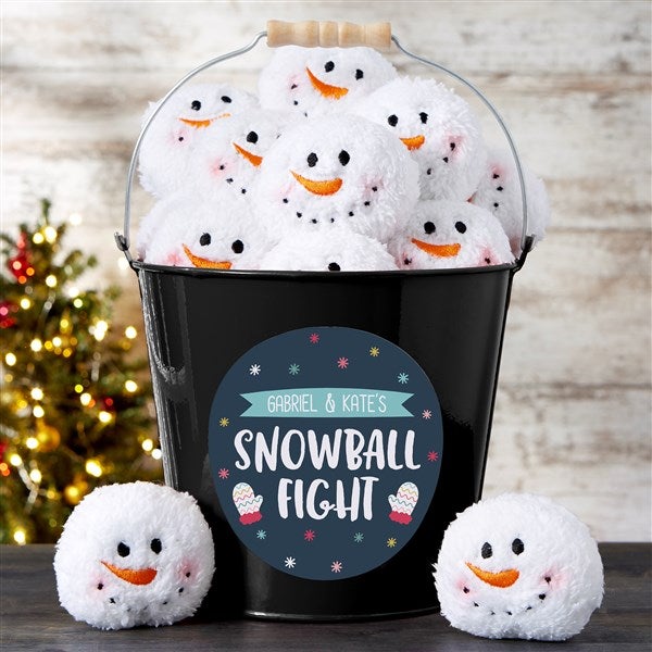 Personalized Metal Bucket - Warm Winter Wishes Snowball Fight - 36801
