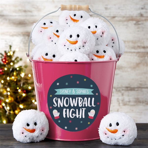 Personalized Metal Bucket - Warm Winter Wishes Snowball Fight - 36801