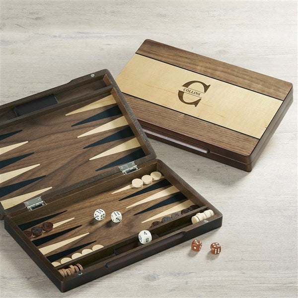 Personalized Backgammon Game with Walnut Stain Wood Case - Lavish Last Name - 36954