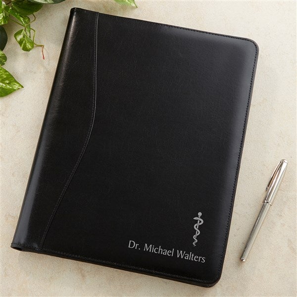 Rod of Asclepius Personalized Black Leather Portfolio  - 36968