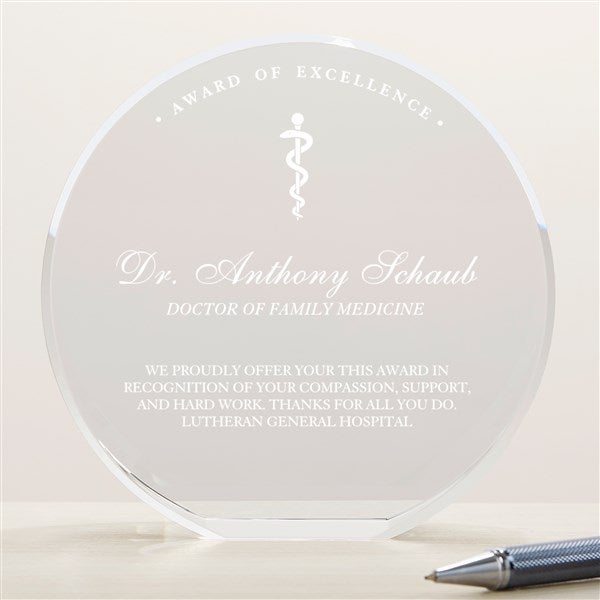 Rod of Asclepius Round Crystal Personalized Award  - 36969