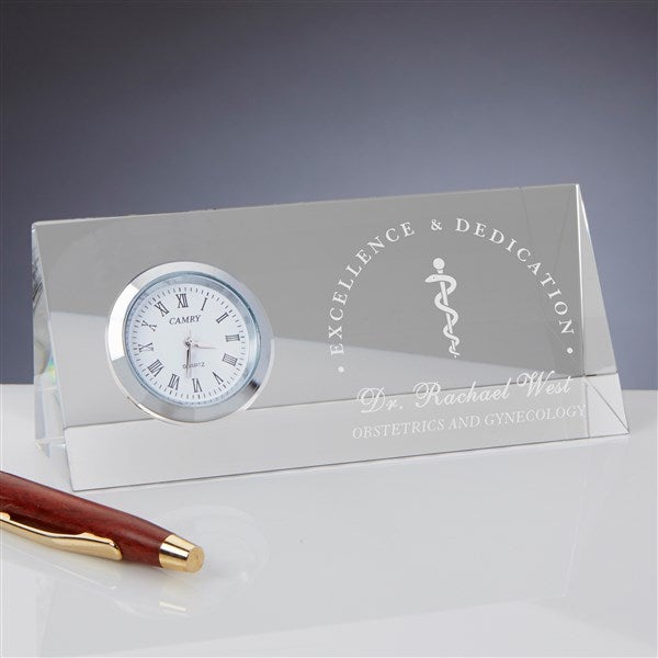 Rod of Asclepius Personalized Crystal Desk Clock Name Plate - 36970