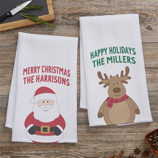 Personalized Waffle Weave Kitchen Towel - Santa and Friends - 36988