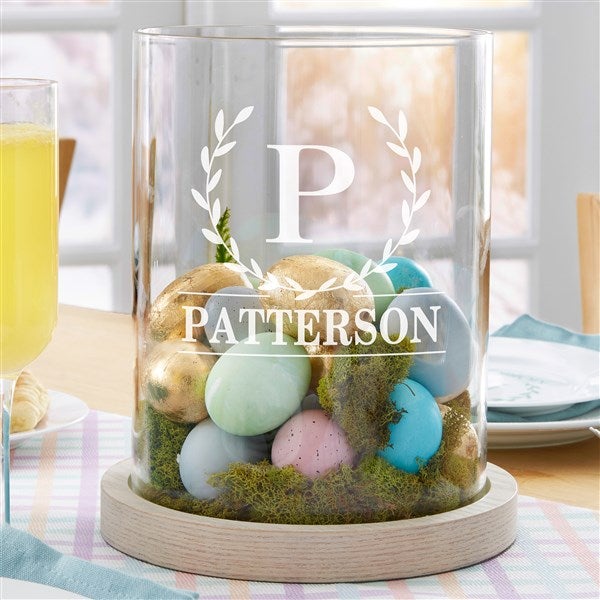 Laurel Wreath Personalized Easter Hurricane with Whitewashed Wood Base - 37031